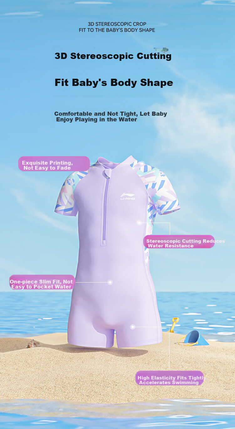 Li-Ning Children's Swimsuit, Girls' One-Piece Surfing Suit, Quick-Drying, Sun-Protective, Training Swimwear, Swimming Goggles And Swim Cap Set, 721 Purple, Size 130 3
