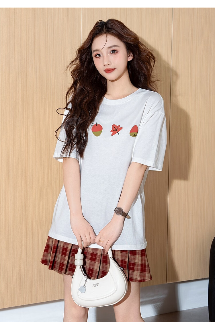TonLion 2025 Summer Women's Front Chest Pattern Printed Round Neck Short-Sleeve T-Shirt, White, L 5