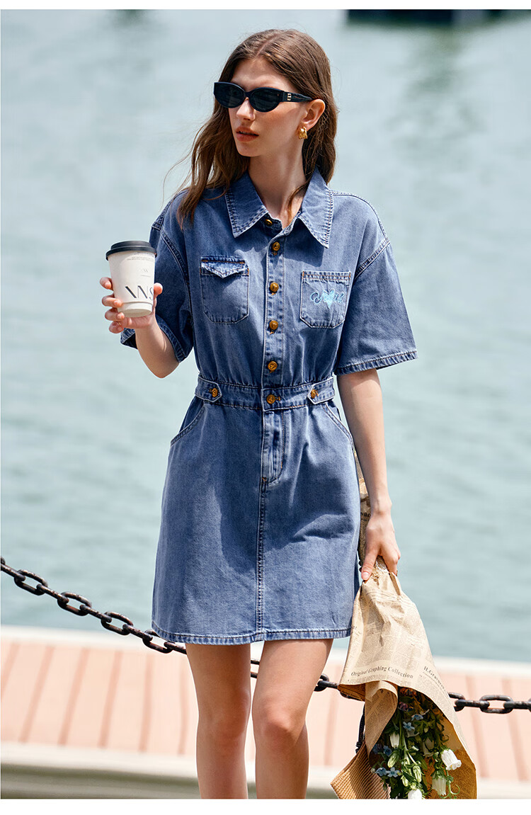 Olrain Short-Sleeve Denim Dress, Summer Women's Wear, Waist-Cinching Slimming Thin Commuter Dress, Light Blue, L 24