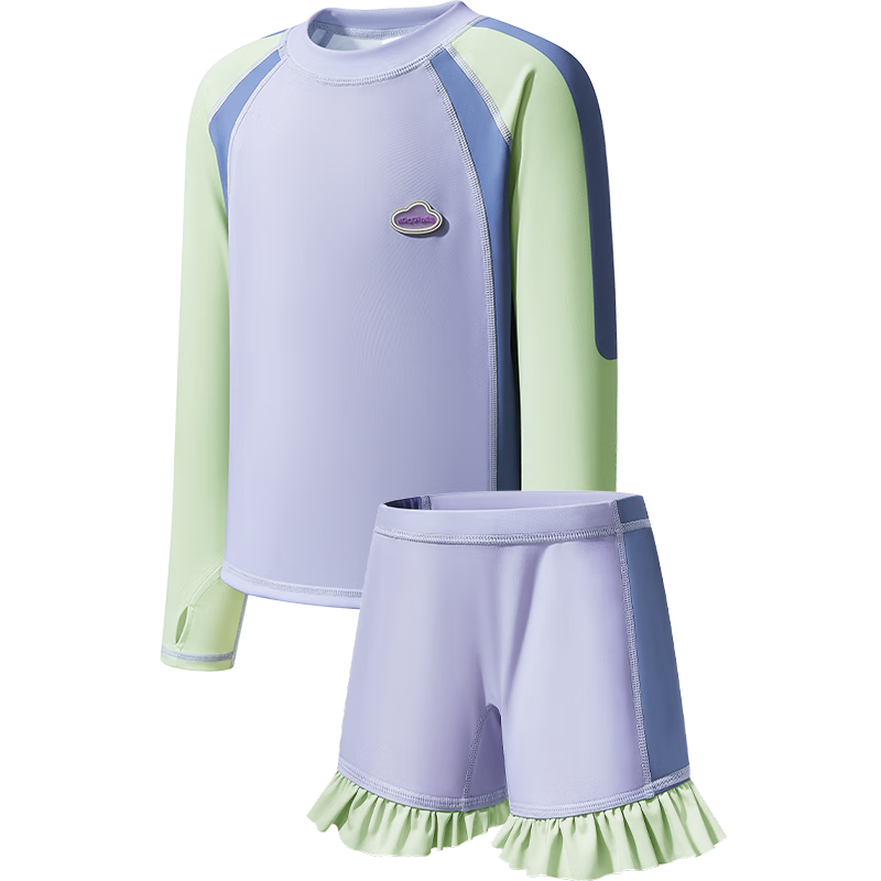 Kocotree Children's Swimwear, UV Protection, Chlorine-Resistant, Long-Sleeve Two-Piece Swimsuit for Boys And Girls, Contrasting Colors, Lavender, Size 110