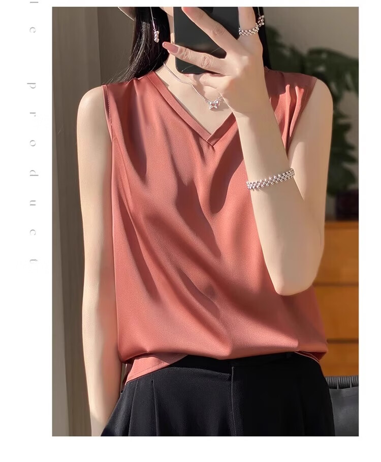 GUJIN Double V-Neck Premium Ice Silk Camisole Women's Innerwear Suit Base Layer Faux Silk Satin Tank Top Spring 8