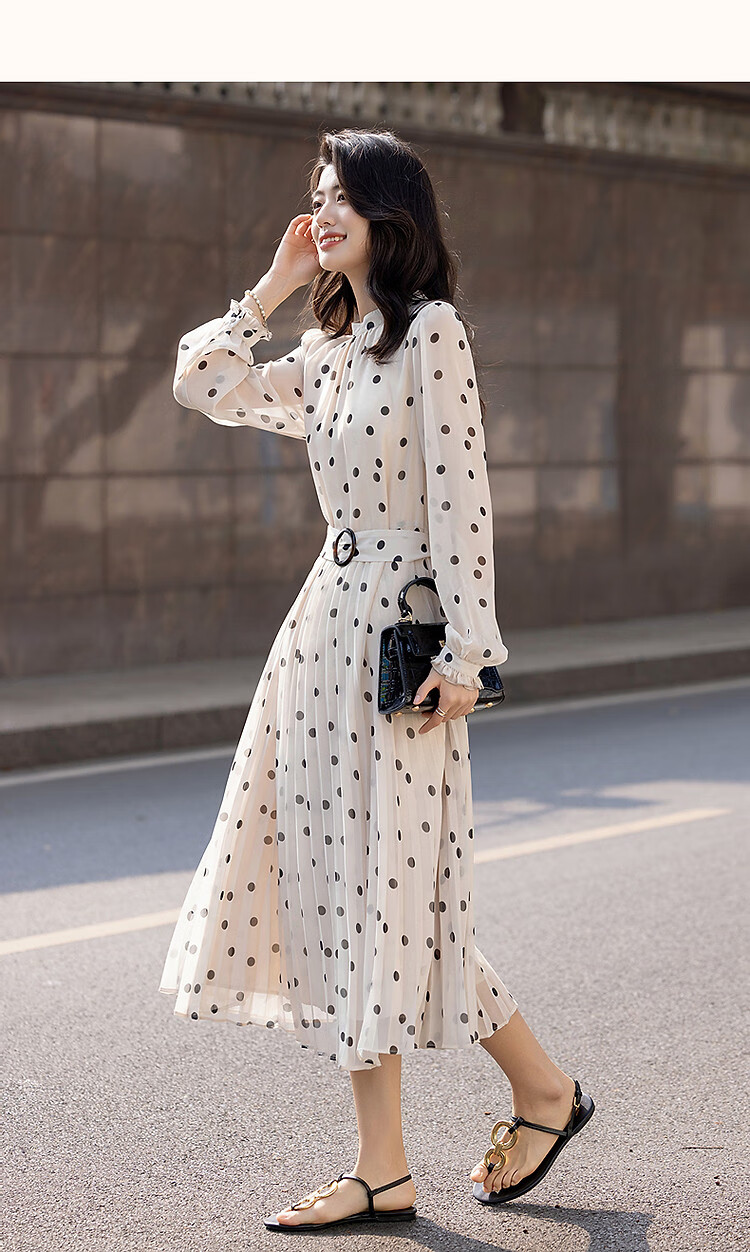 Dme [Elegant French Girl] Autumn Vintage Polka Dot Waist-Cinching Pleated Skirt with Ruched Hem, A-Line Women's Dress 12