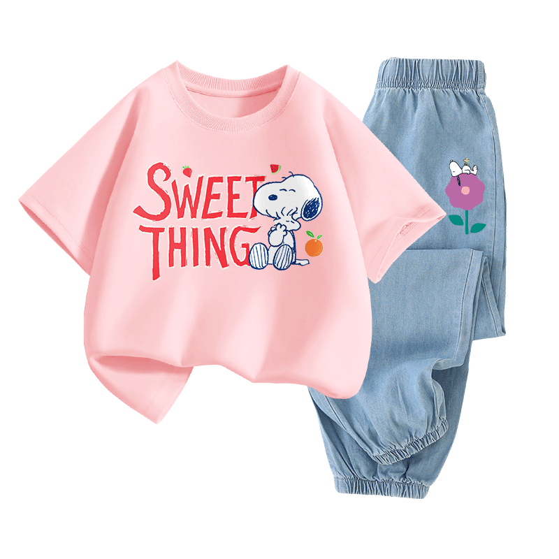 SNOOPY Girls' Short-Sleeve Set, Children's Short-Sleeve T-Shirt And Jeans 2-Piece Set, Pink SWEET + Light Blue Flower, Size 120