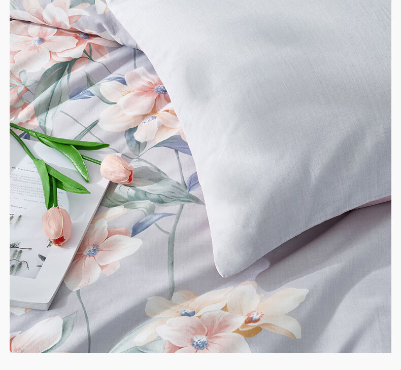 LOVO Luolai 100% Cotton Three-Piece Bedding Set Floral Bed Sheet Duvet Cover Pillowcase 150x215cm Gray 7