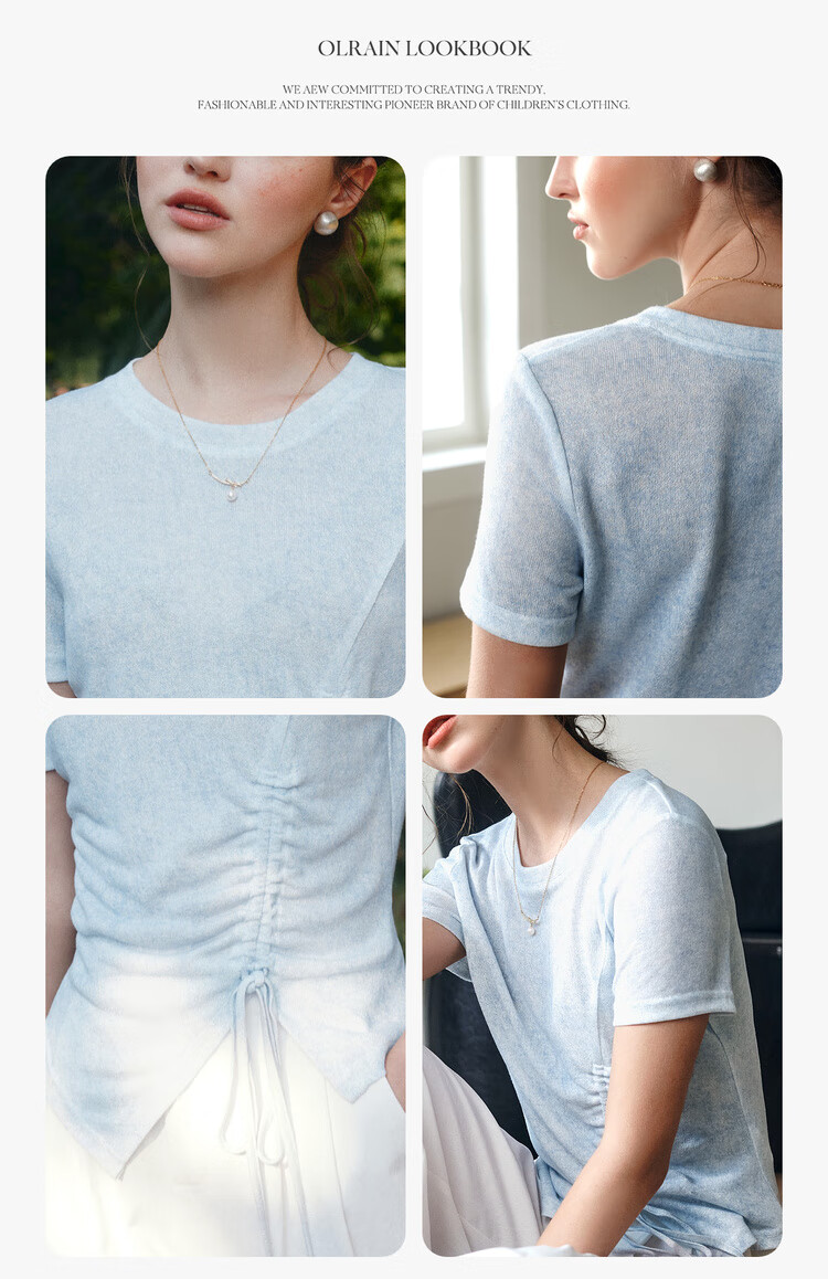 Olrain Oureier Solid Color Irregular Ruched Simple T-Shirt Summer New Waist Ruched Design Top Blue S 7