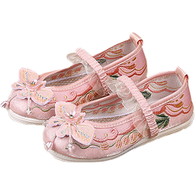 Luomeng Girls' Hanfu Shoes, Chinese-Style Student Costume Performance Dance Shoes, Old Beijing Cloth Shoes, Embroidered Shoes, Pink, Size 32