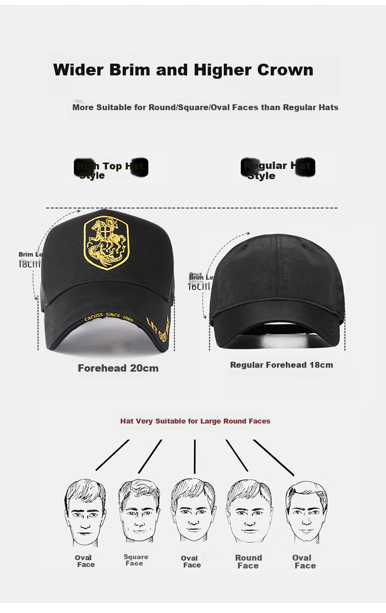 CACUSS Baseball Cap for Men, Summer Breathable Mesh Large Size Duck Tongue Hat, Sun Protection Visor High Top Cap for Men, Black And Gold, Extra Large 2