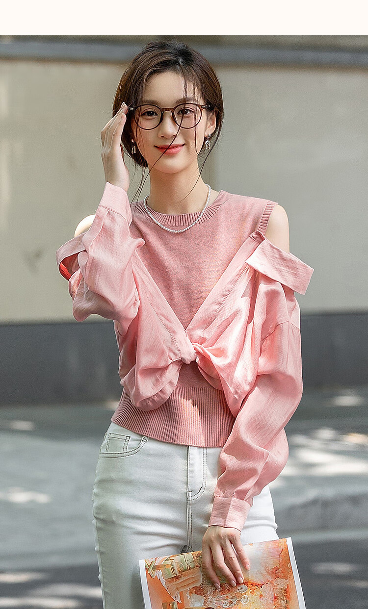 Dme [Sweet Cool C Position] Spring French Off-Shoulder Round Neck Design-Inspired Patchwork Sweater, Elegant Twisted Knit Top for Wome 16