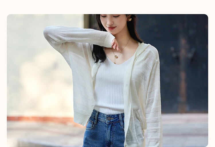 Dme [Containing SPA-Grade Tencel Linen], Spring And Autumn Salt-Style Lightweight Hooded Striped Textured Jacquard Fleece-Lined Women's Jacket 3