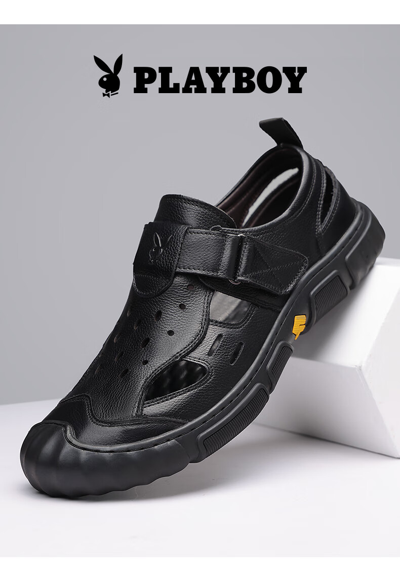Playboy Men's First Layer Cowhide Hollowed Out Sandals Open Toe Genuine Leather Business Middle-aged and Elderly Dad Sandals Black Size 42 6