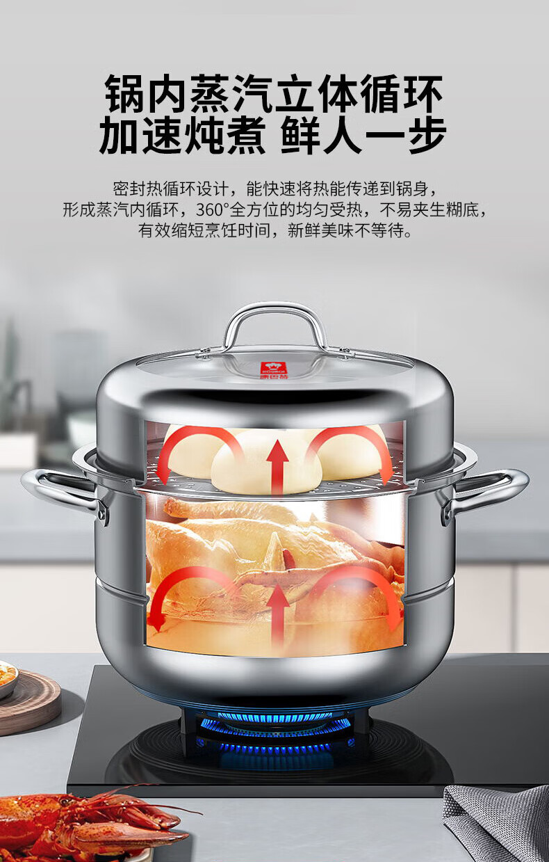 Kambach 304 Stainless Steel Double-Layer Steamer Pot with Lid, Thickened Bottom Large Soup Steamer, Multifunctional Cookware, 30cm, Compatible with Gas Stoves 1