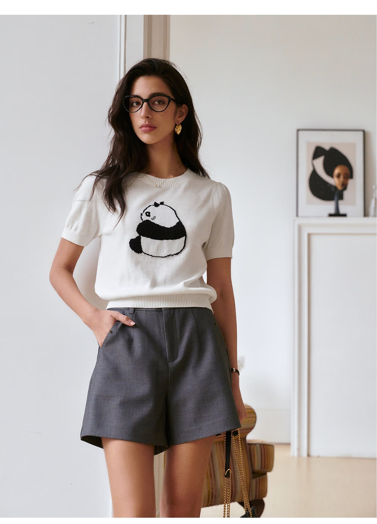Oulain Elegant Short-Sleeve Knit Top for Women, Spring And Summer Fun Panda Pullover Sweater, Light Gray, L 17