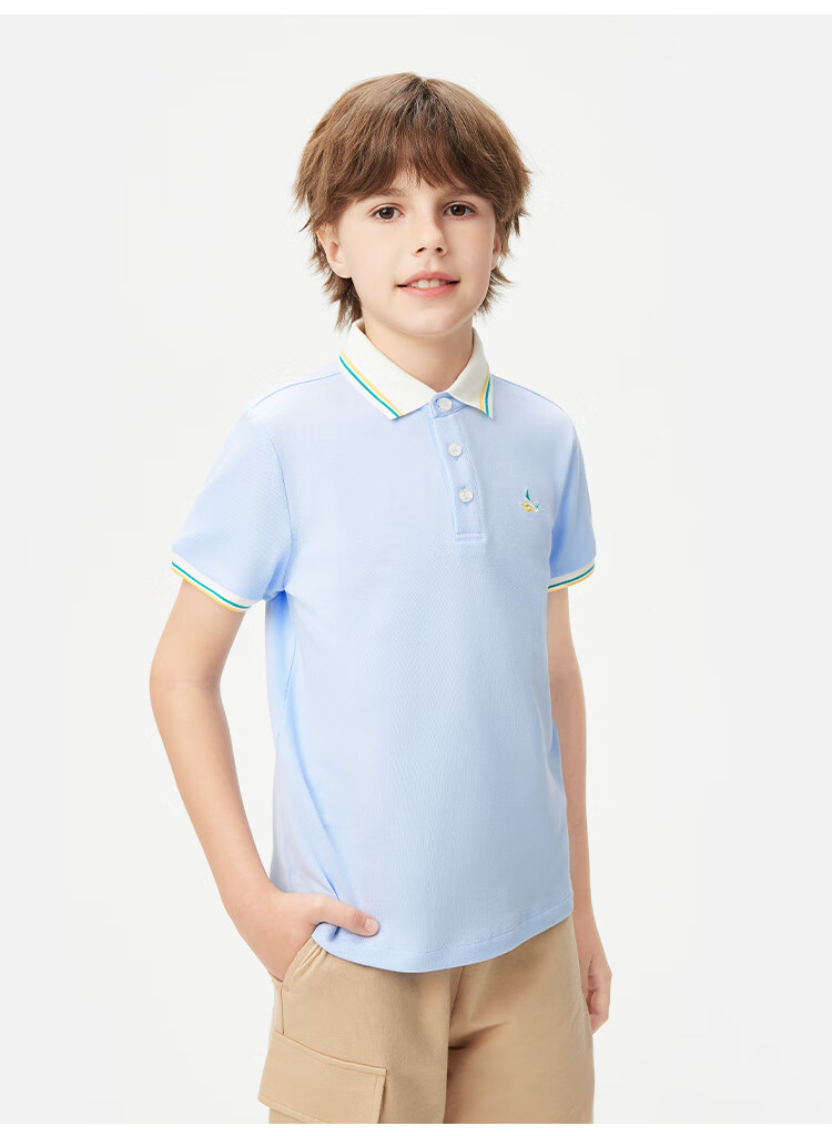 Navigare Boys' Polo Shirt, Children's Short-Sleeve T-Shirt, Student Sports Shirt, Antibacterial Breathable Summer Fresh Color-Block Top, Navy Blue, Size 150 13