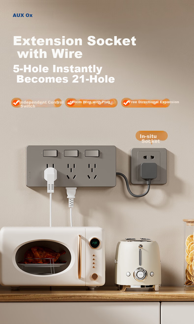 Aokesi Extension Socket with Power Cord, Multifunctional Bedroom Wall Extension Converter Socket, Kitchen Power Strip, Gray 1