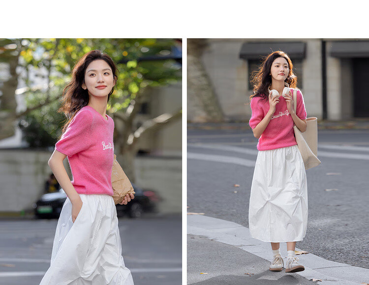 Demana Barbie Wardrobe Spring Fashion Colorblock Letter Crew Neck Short Sleeve High Elastic Wool Blend Knit Top for Women 3