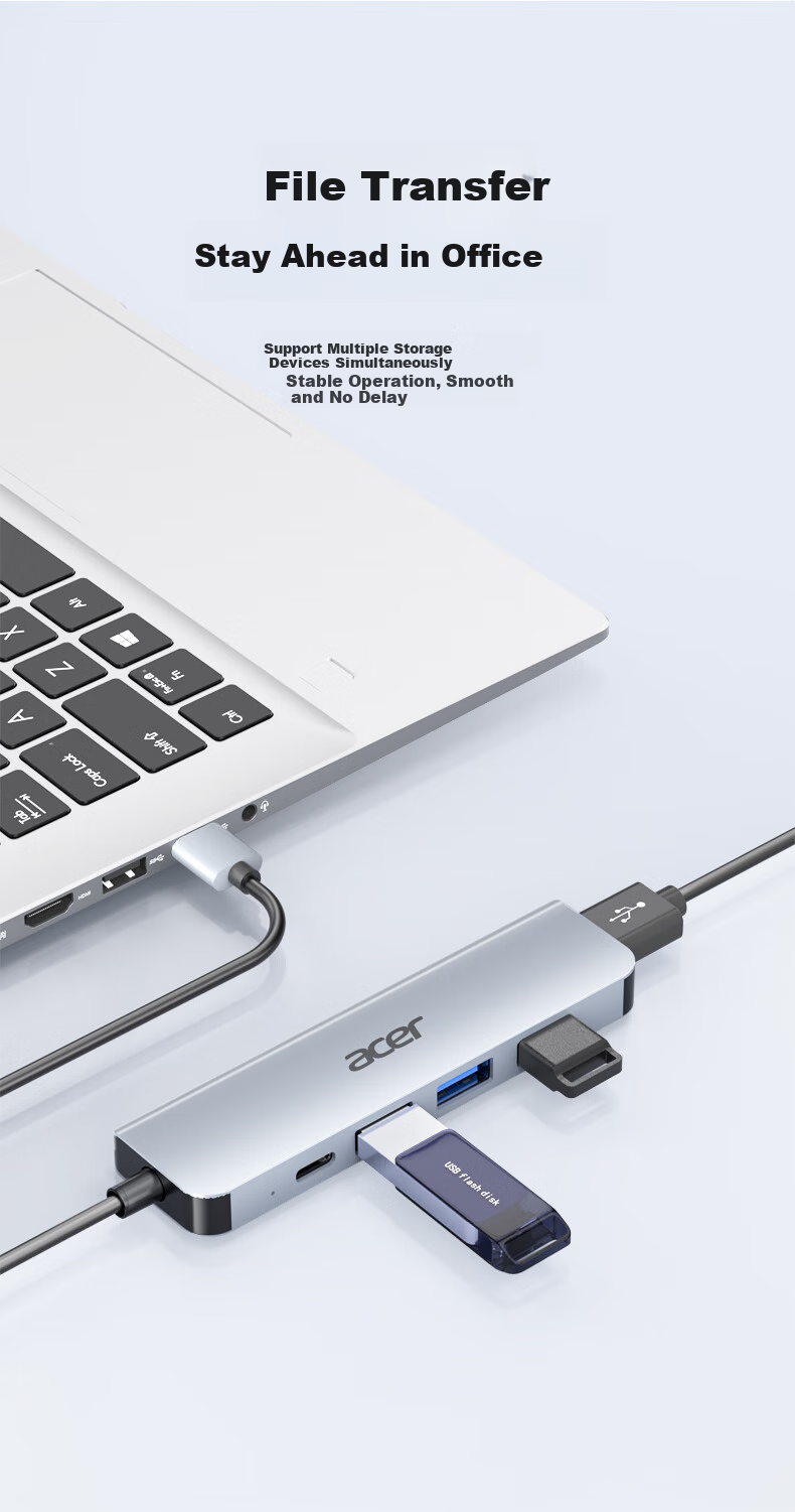 Acer USB3.0 Hub Expansion Dock, High-Speed 4-Port Hub Adapter for Laptops, Multi-Port Converter, Extension Cable with Type-C Power Supply 7