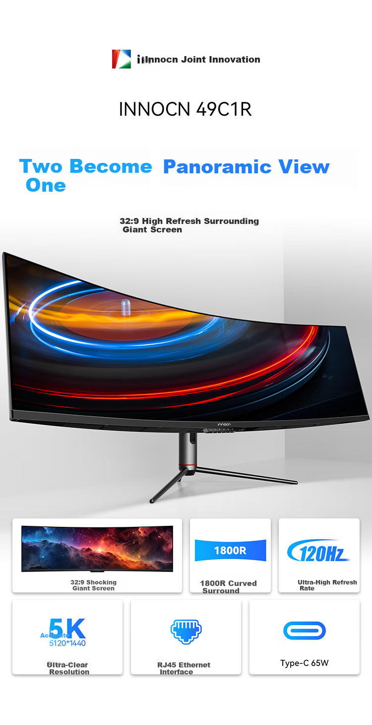 Inno&cn 49-Inch Ultra-Quality Ultrawide Monitor with Built-In Speakers, Smart Split-Screen, 32:9 Giant Screen, Surround Sound, Gaming And Office Use, Stock Trading, Compatible with Mac Mini, External Anti-Blue Light Computer Monitor 49C1R 2