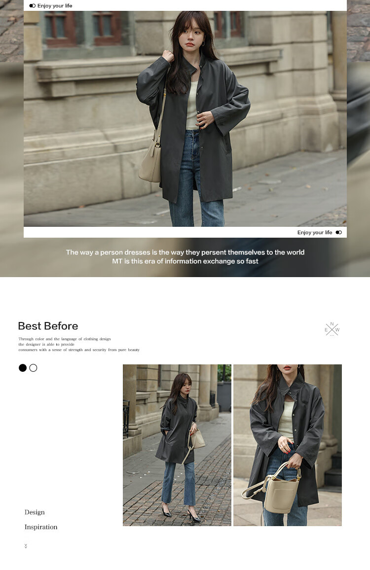 MT Grey British Style Autumn Stand Collar Wide Edge Pocket Design Loose Mid-Length Trench Coat 2