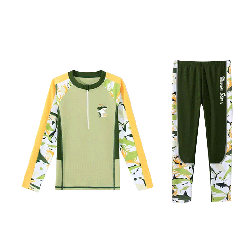 Huili Children's Swimwear, Boys' Two-Piece Long-Sleeve And Long Pants Set, for Travel And Play, Big Kids' Swimsuit 35242, Army Green, Size 110