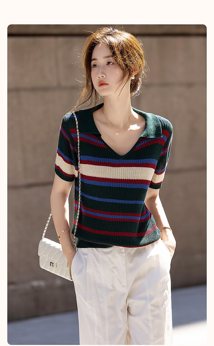Dme [Tangguo Duoban] Summer Youthful Cool Ice Silk Contrasting Striped V-Neck Sweater Women's Top 2