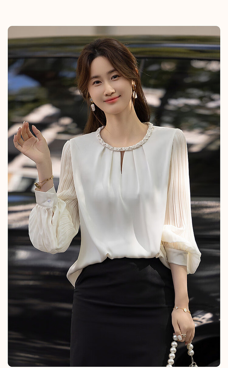 Dme [Selected Satin with Luster Yarn] Spring And Autumn Color-Block Round Neck Knit Strap Blouse, Pleated Patchwork Shirt, Women's Top 2