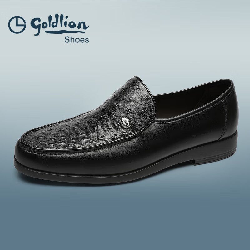 Goldlion Men's Shoes, Ostrich Leather Business Casual Loafers, Slip-On Luxury Shoes G181230848AAA Black Size 38