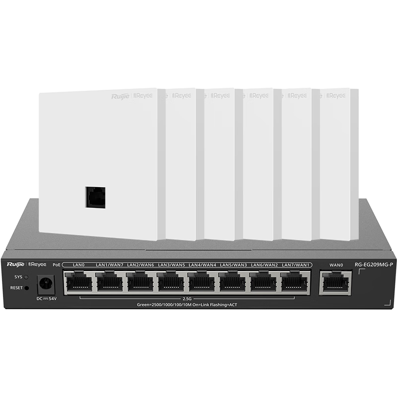 Ruijie WiFi7 2.5G Wireless AP Panel Set, 3600M, 1-To Whole House Router AC + AP Networking, Large Apartment, RG-EG209MG + RG-EAP172(MG)*6