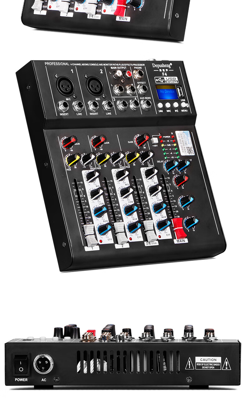 Depusheng Professional 4-Channel Mixer USB Sound Card Bluetooth U Disk Equalizer Reverb Portable F4 for Computer Recording Home KTV Singing Online Video Conference Live Streaming 7