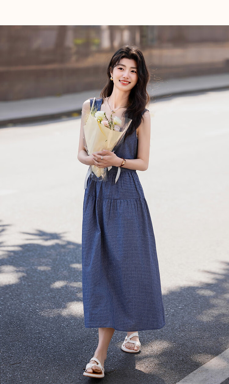 Dme [Japanese-Style Light-Colored Outfit] Summer Cloud Cotton Square Neck Plaid Spaghetti Strap Sleeveless A-Line Patchwork Long Dress for Wome 9