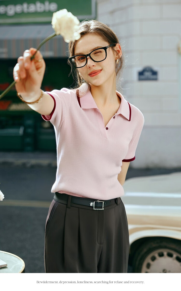 Olrain Pink Polo Collar Commuter Style Knit Pullover Women's Summer Top Pink L 12