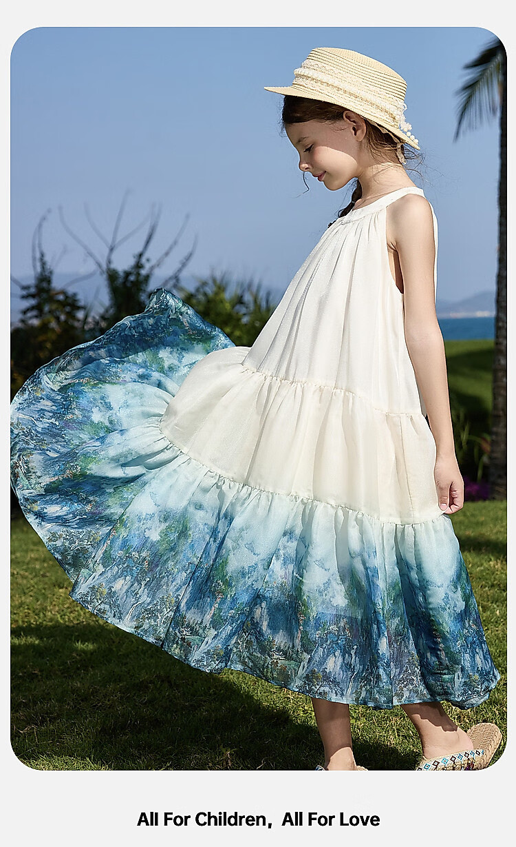 ASK JUNIOR Children's Summer Ink Wash Tie-Dye Dress Girls Vacation Style Spaghetti Strap Princess Dress 10