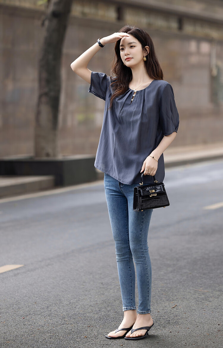 Dme [Selected Lyocell], Summer Pearl Decorated Round Neck Drip Button Shirt, Flowing Short-Sleeve Blouse, Women's Top 9