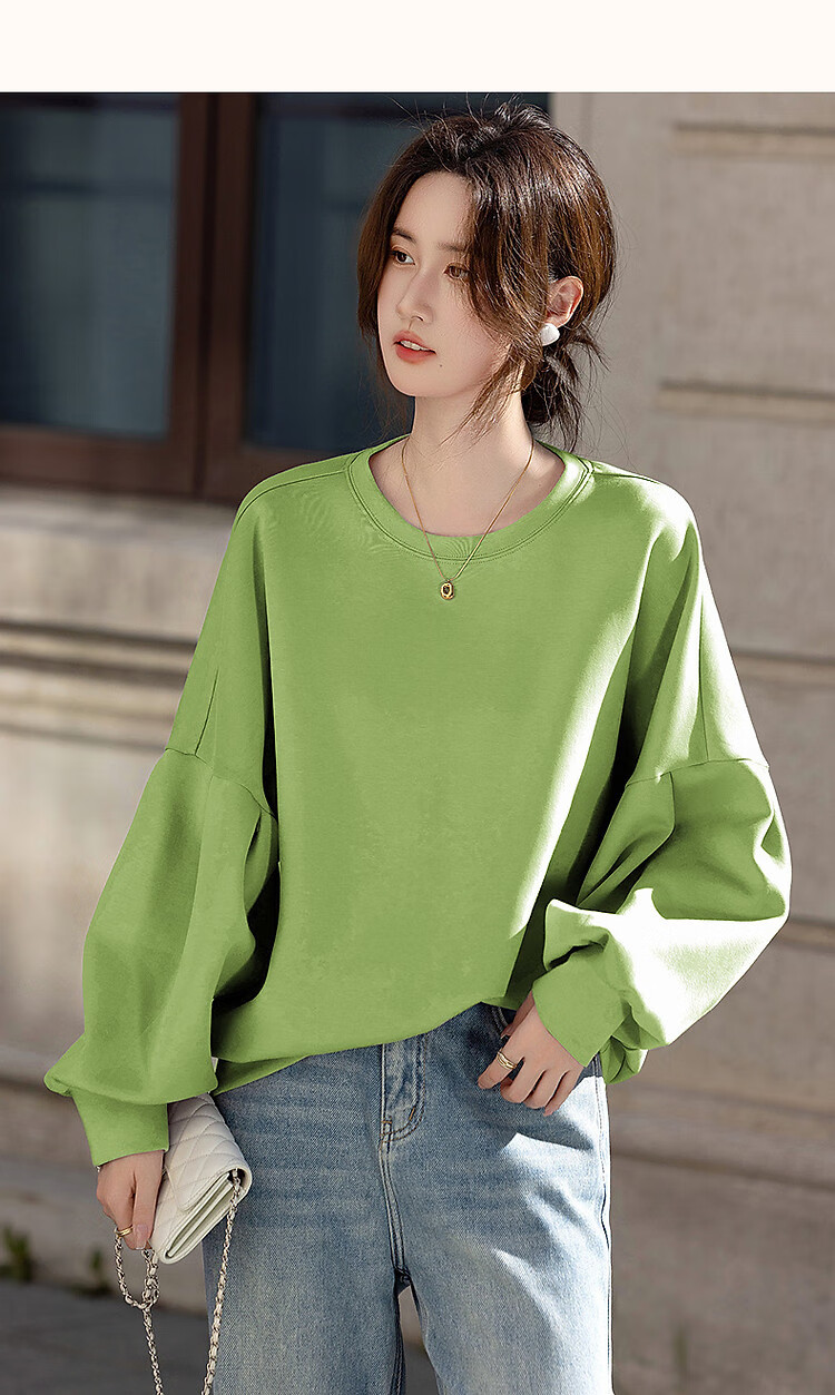 Dme 350G Air Layer Spring Simple Round Neck Lantern Sleeve Loose Fit Sweatshirt for Women 12