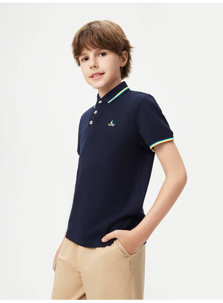 Navigare Boys' Polo Shirt, Children's Short-Sleeve T-Shirt, Student Sports Shirt, Antibacterial Breathable Summer Fresh Color-Block Top, Navy Blue, Size 150 10