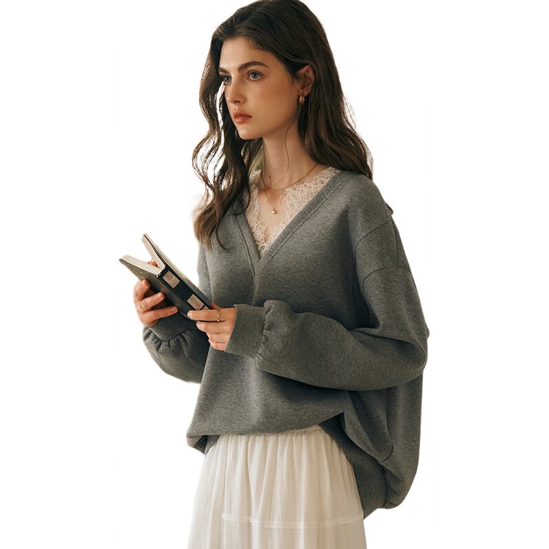 Olrain French V-Neck Sweatshirt Women Spring New Stylish Lace Casual Pullover High-Grade Gray M
