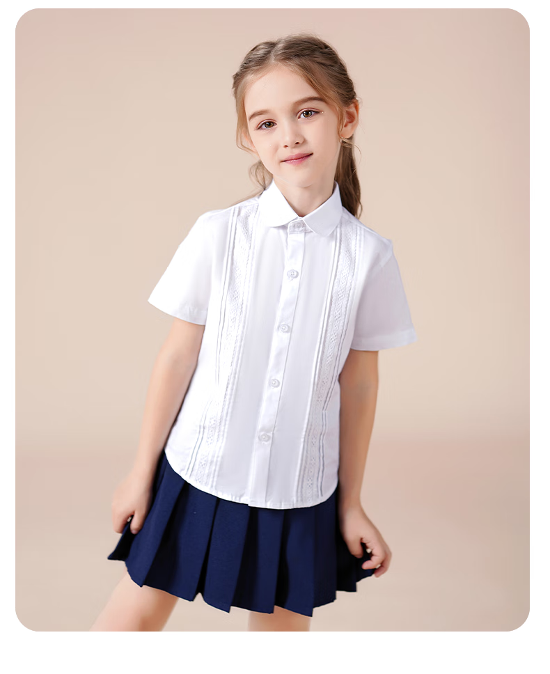 Luomeng Girls' Short-Sleeve Lace Trim White Shirt, School Uniform, Student Performance Costume, Children's Half-Sleeve Blouse, White, Size 170 13