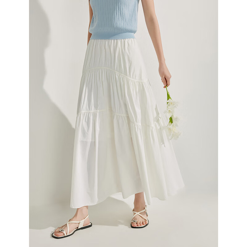 INMAN [Showroom Style] Original Yarn Sun Protection UPF100+ Pleated Skirt, Summer Umbrella Skirt, Cloud White, Size L