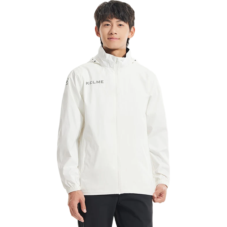 KELME Sports Jacket for Men, Windproof And Water-Resistant Coat, Hooded Football Training Jacket for Men And Women, White, XL
