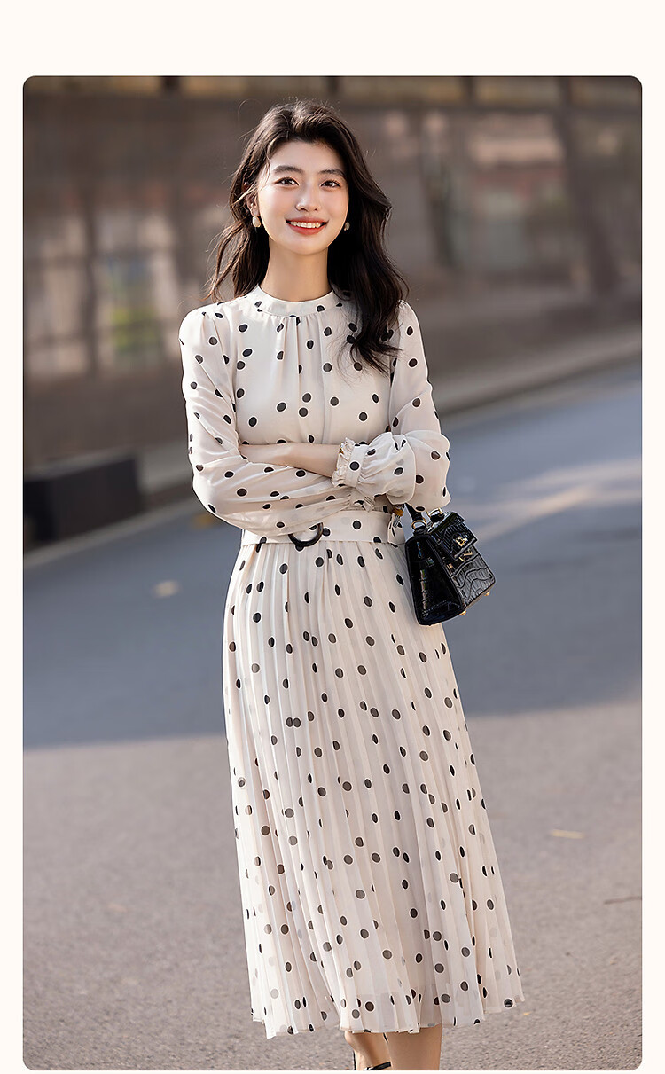 Dme [Elegant French Girl] Autumn Vintage Polka Dot Waist-Cinching Pleated Skirt with Ruched Hem, A-Line Women's Dress 2