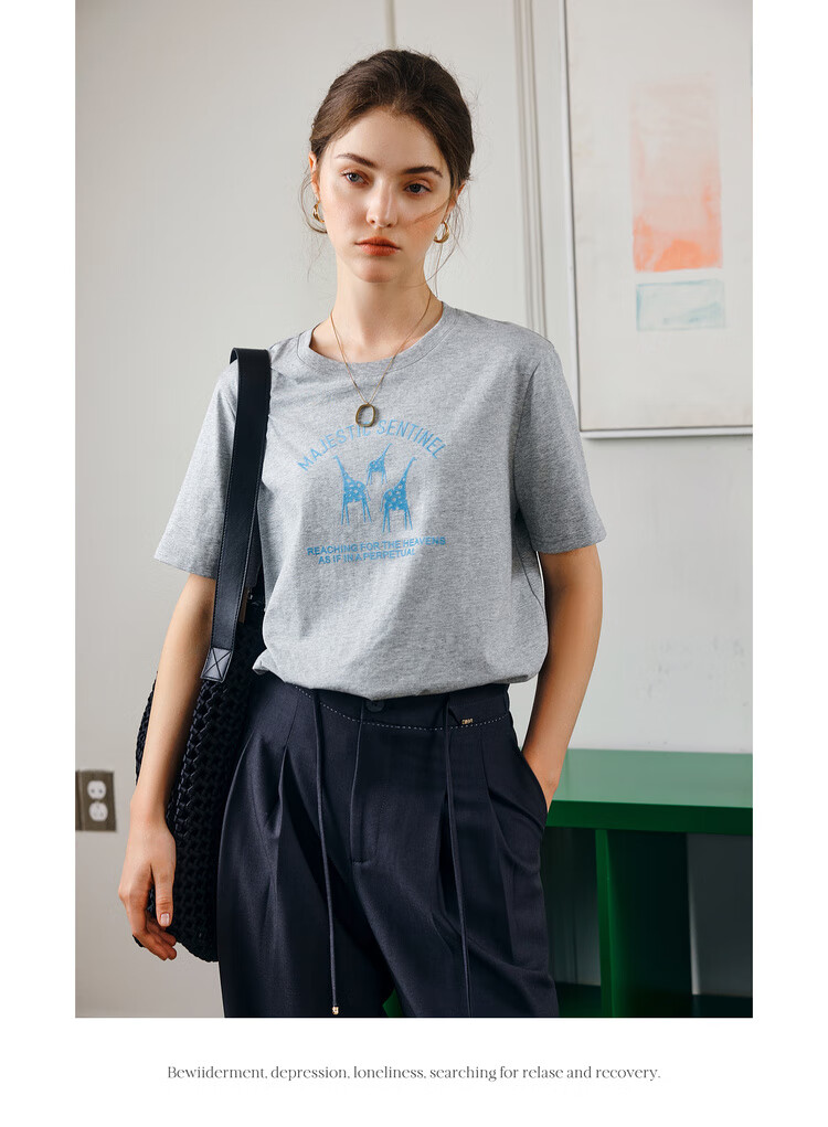 Oulain Summer Flocked Fun Printed Gray Round Neck Loose Casual Short-Sleeve T-Shirt Women's Top, Floral Gray, M 13