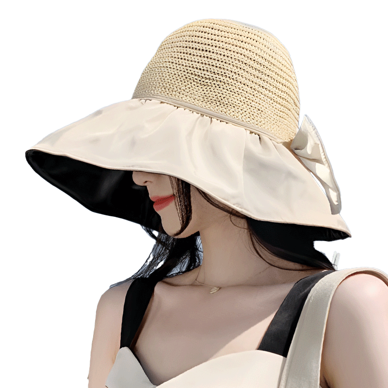 FitonTon Women's Wide Brim Sun Hat, UV Protection Black Gel Visor Cap, Summer Outdoor Versatile Straw Hat