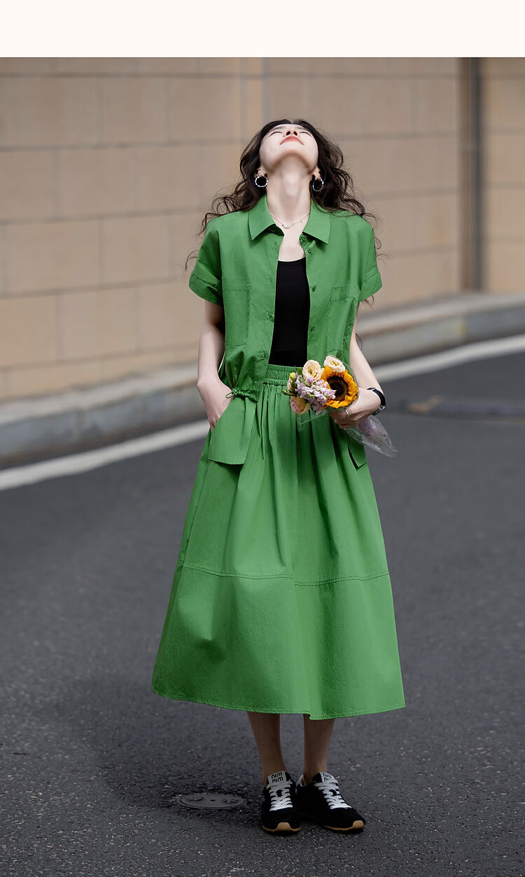 Demana 100% Cotton Poplin Set Summer Lapel Large Pocket Pigskin Button Top A-Line Skirt Two-Piece Set 8