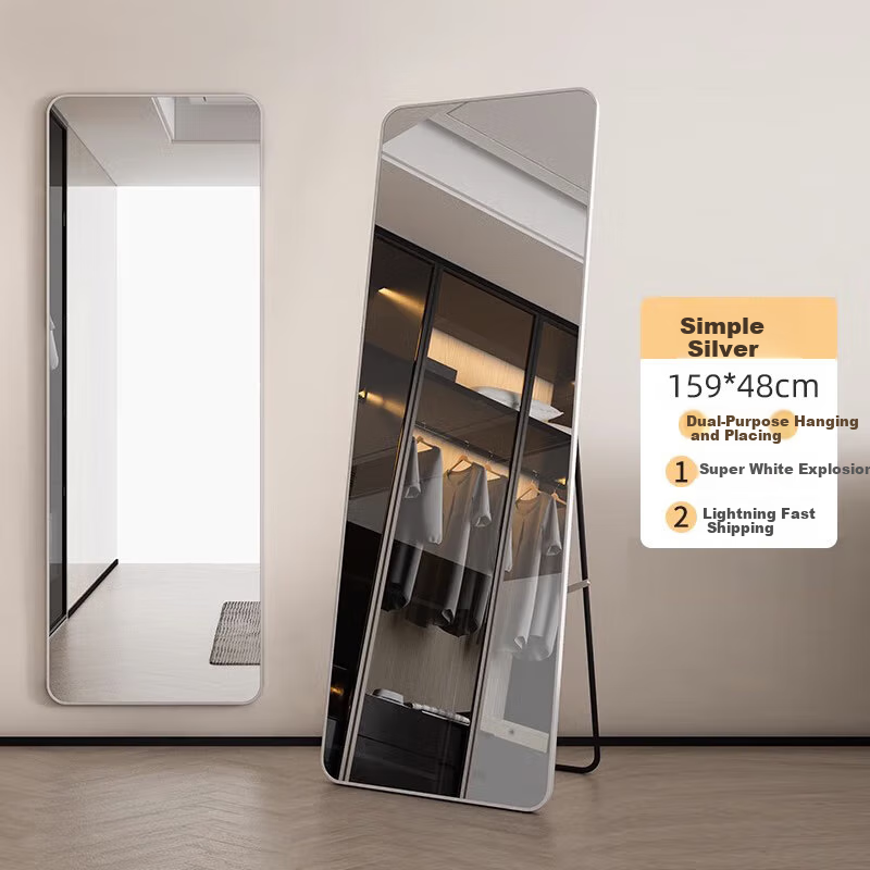 Milin Floor-Standing Full-Length Mirror, Hanging Door Dressing Room Mirror for Clothing Stores, Simple Home Wall-Mounted Mirror, Silver Frame 160*50