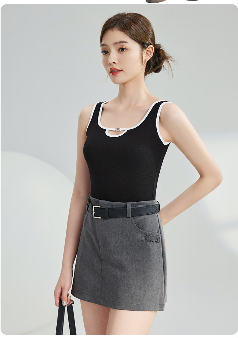 MiiOW Women's Camisole Vest [Side Coverage Anti-Exposure] Autumn Black and White Color Block Hollow Design Outerwear Base Shirt 15