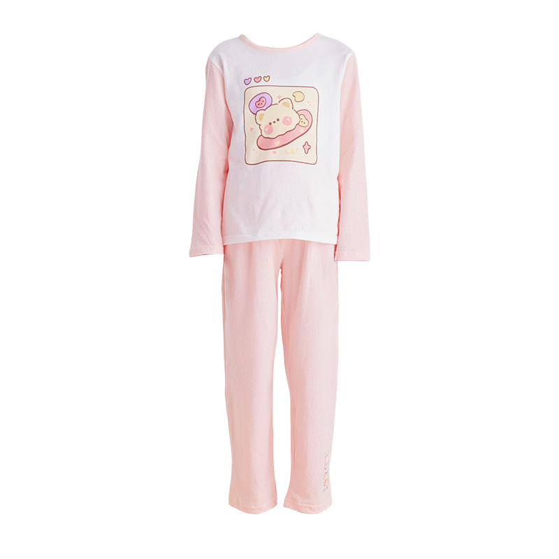 DEESHA Girls' Antibacterial Pure Cotton All-Season Base Layer Pajamas, Mesh Breathable Air Conditioning Wear, Home Wear Set for Older Childre