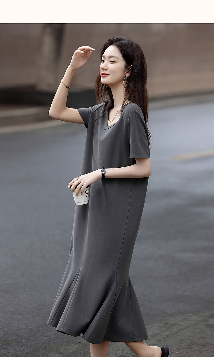 Demana Gentle Cloud Cotton Summer Relaxed V-Neck Loose Patchwork Hem Knitted Mid-Length Straight Women's Dress 16