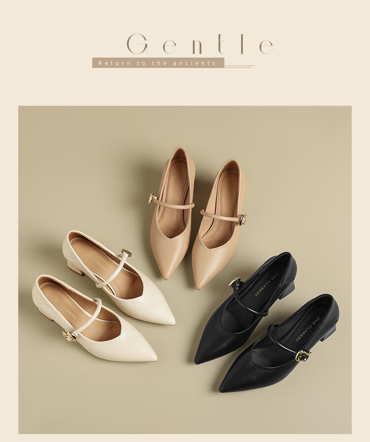ZHR Zese Mary Jane Women's Pointed Toe Summer Single Shoes Shallow Mouth Chunky Heel One-strap Shoes BL379F Beige 37 23