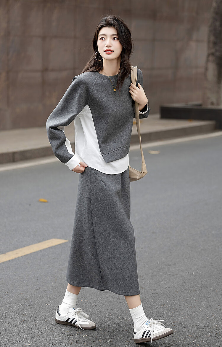 Dme 350G Air Layer Set Spring Autumn Fashion Colorblock Sweatshirt and Elastic Waist Split Skirt Two-Piece Set for Women 17