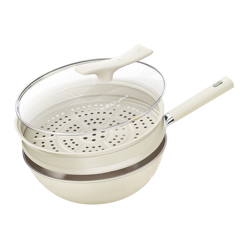 Royalstar Ceramic Wok Non-Stick Frying Pan for Home Use with Titanium Coating, Suitable for Gas And Induction Cooktops, 32cm with Steamer Basket
