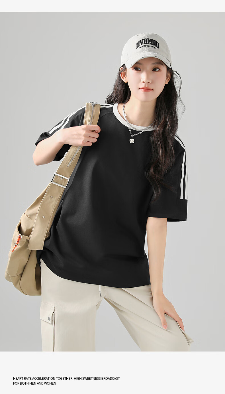 Jeanswest Women's Striped Short Sleeve T-Shirt Spring Summer New Two-Stripe Raglan American Style Cotton Loose Colorblock T-Shirt 19